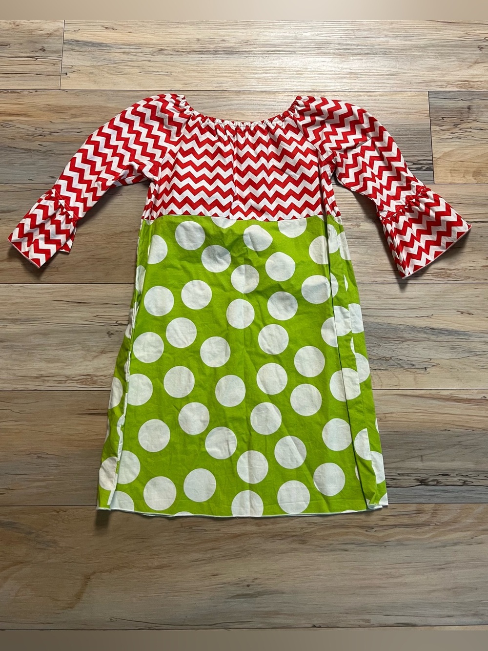 Sz 7 -Red/White Chiffon Top-Lime bottom with White Dots-Lolly Wolly Doodle Dress